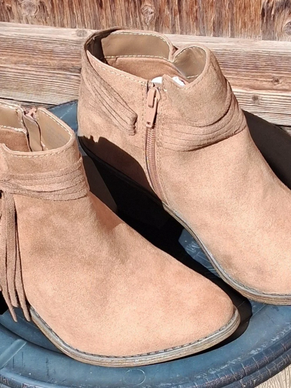 Time and Tru Tan Suede Ankle Booties with Wrapped Strap Detail